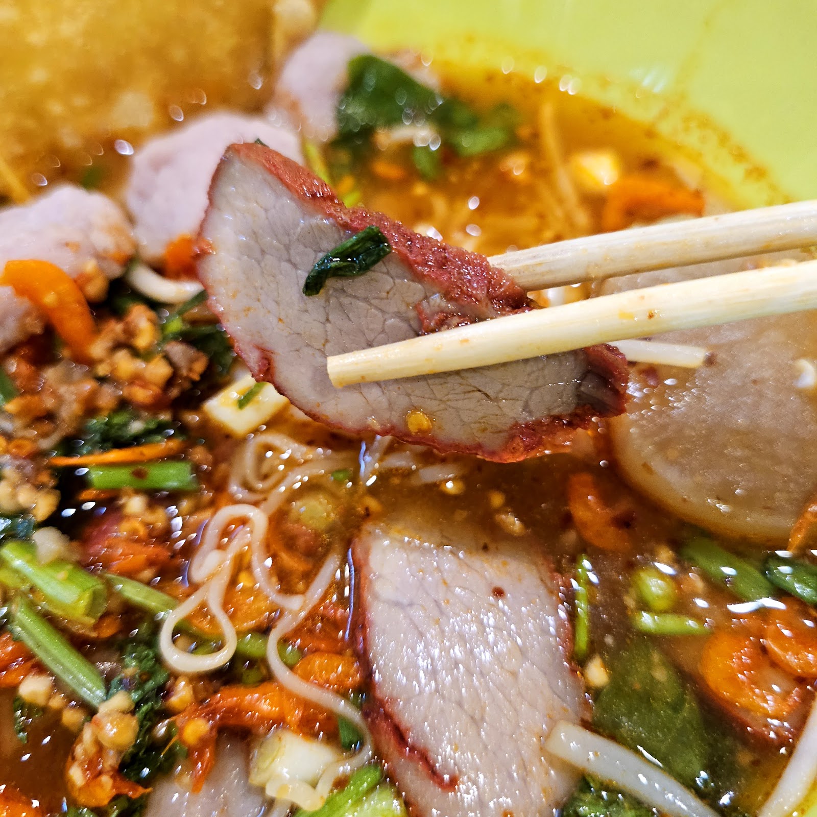 Prawn chewy pork noodles Traditional Tom Yum noodles with fresh lime